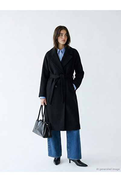 LC Waikiki Esse Collection Siyah Kruvaze Yaka Kadın Kaşe Kaban