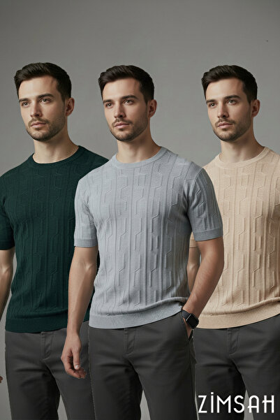 Zimsah Tricou tricotat cu mânecă scurtă pentru bărbați, 3 piese, slim fit, cu...