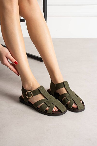 diclepolat Women's Khaki Green Suede Buckle Strap Sandals – Flat Sole Comfort...