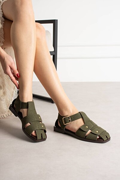 diclepolat Women's Khaki Green Suede Buckle Sandals Flat Sole Comfortable Dai...