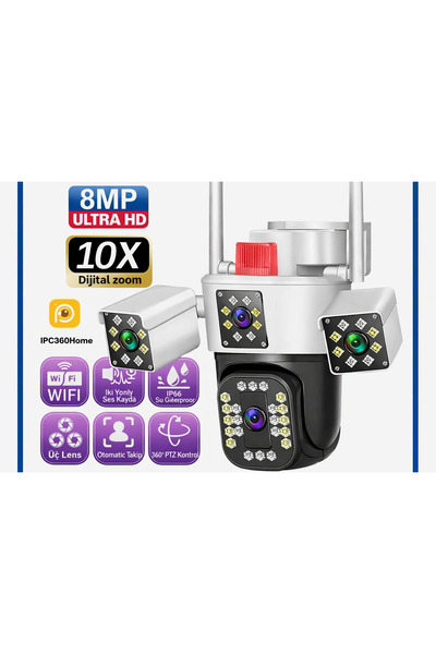 BLUE İNTER 8MP 3 Kameralı 360° WiFi Güvenlik Kamerası Sirenli Gece Görüşlü Ot...