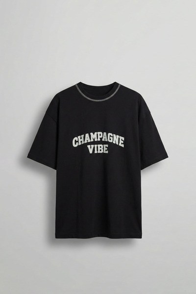 ablukaonline Men's Oversize Premium Contrast Collar Printed T-Shirt Black