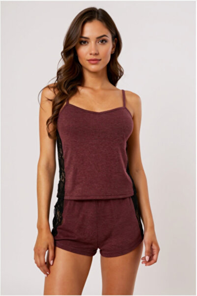 Vielove Kadın Bordo Dantelli Şortlu Gecelik Takım – Modern, Konforlu ve Günlü...