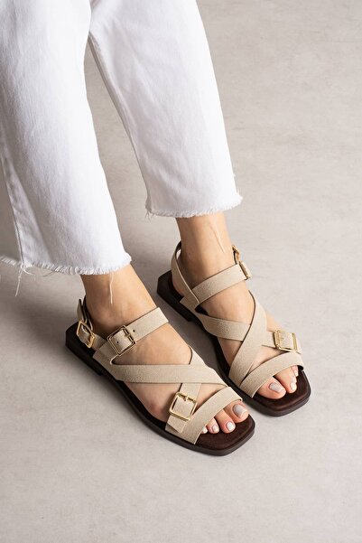 diclepolat Women's Beige Suede Cross-Strap Buckle Sandals – Flat Sole Comfort...