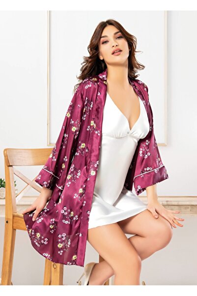 euro click Women's Burgundy Floral Patterned Satin Dressing Gown Nightgown Set