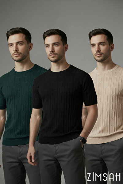 Zimsah Мъжка късоръкава плетена тениска с тясна кройка и обло деколте, тексту...