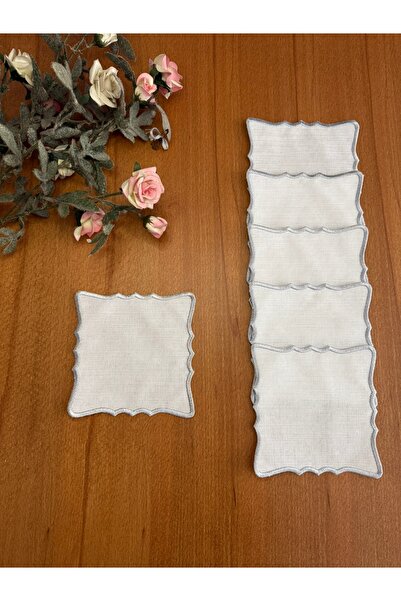 Smiling Home 6 Pieces Gardenia Linen Silver Color Zigzag Square Embroidered C...