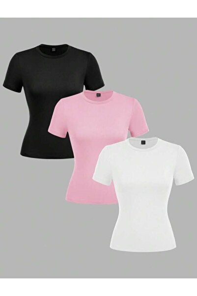 ÖZ PAMUK PAMUKLU Yumuşak Dokulu Rahat Düz Kesim KISA KOLLU 3'LÜ BİSİKLET-YAKA...