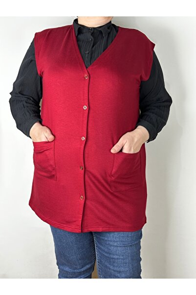 RELYA Women's Burgundy Buttoned Double Pocket Jacquard Vest