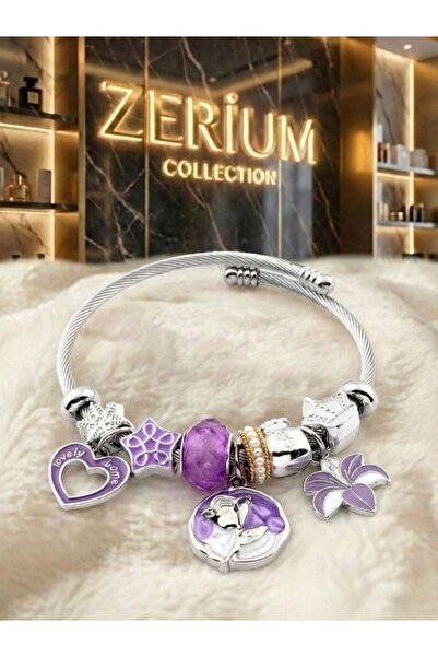 ZERİUM Modern Steel Stylish Women's Charm Steel Bracelet Heart Art and Flower