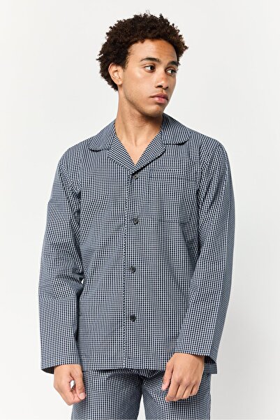 CELIO Men 2 Pcs Plaid Long Sleeves Shirt And Pajama Set, Navy