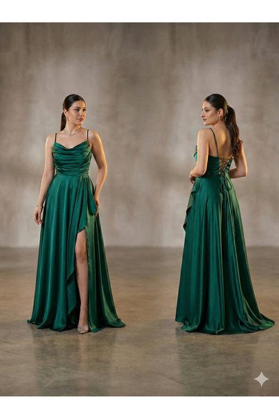 gry wear Kadın Degaje Yaka Sırt Dekolteli Saten Beyaz Abiye Elbise