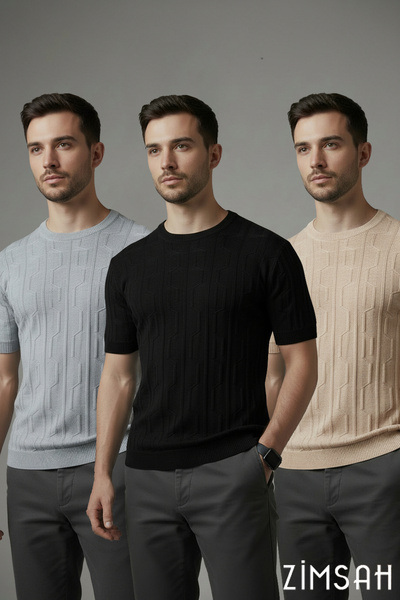 Zimsah Tricou tricotat cu mânecă scurtă pentru bărbați, 3 piese, slim fit, cu...