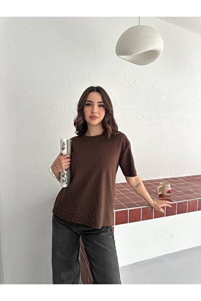 Trendalya Crew Neck Oversize Tshirt with Stone Detail