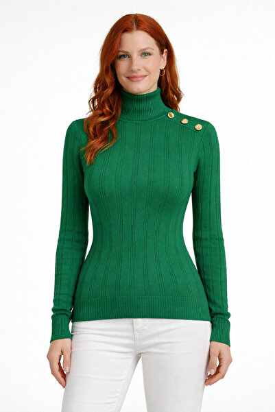 Neden Tekstil High-Necked, Buttoned, Striped Knit Sweater