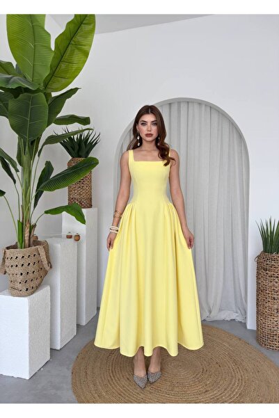 ETİKAFASHION Kare Yaka Uzun Kloş Elbise