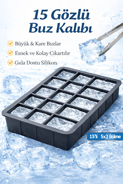 Delvos 15 Bölmeli Büyük Boy Silikon Buz Kalıbı Silikon Kare Buzluk Kokteyl Su...