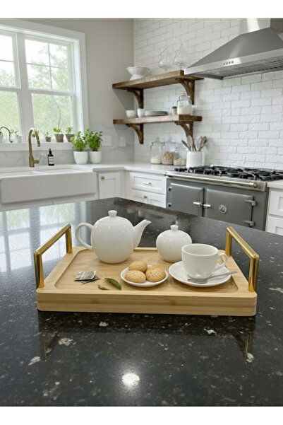 Nuha Home Metal Kulplu Bambu Servis Ve Sunum Tepsisi, Büyük Boy 33 CM Bambu T...