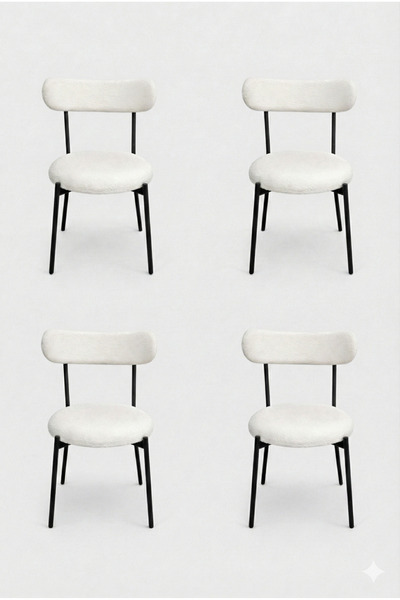 decosense 4 Adet Puffy Kumaş Beyaz Renk Teddy Sandalye Mutfak Sandalyesi Salo...