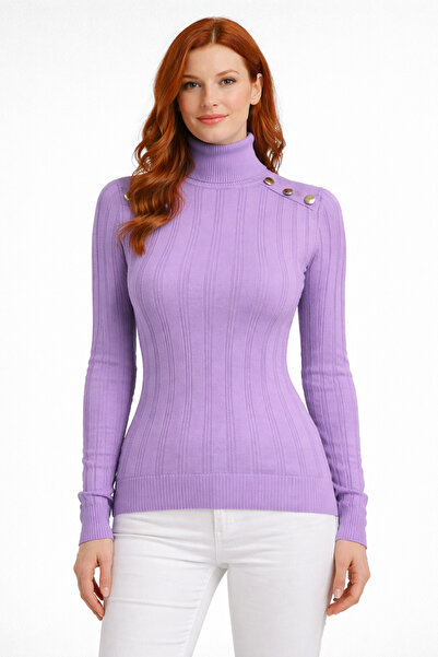 Neden Tekstil High-Necked, Buttoned, Striped Knit Sweater