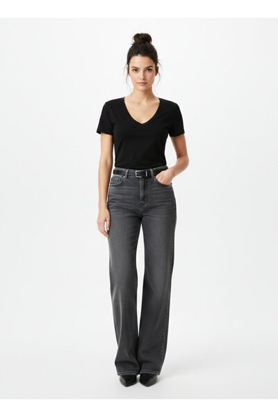 Ltb Tricou negru de bază cu mânecă scurtă și decolteu în V