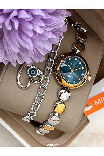 Ferrucci Oval Case Women's Mini Case, Silver Yellow Steel Band, Dark Blue Dia...