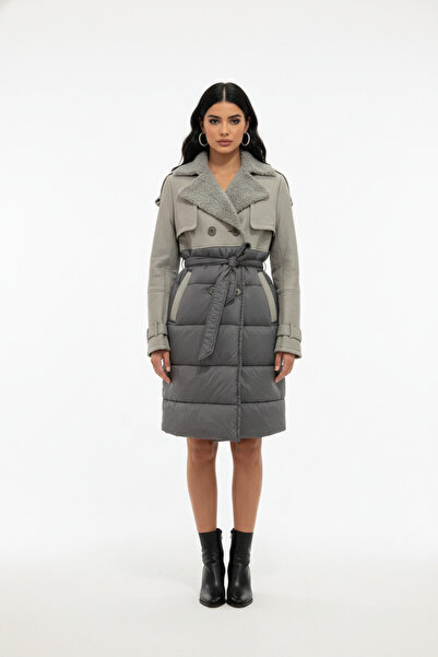 PAOLO FRAMINCO PF-100 KUZU DERİSİ KOYU BEJ ŞİŞME KUMAŞLI UZUN PALTO