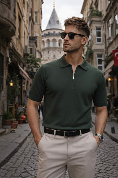 Maccali Men's Basic Zippered Relax Fit Khaki Polo Collar T-Shirt