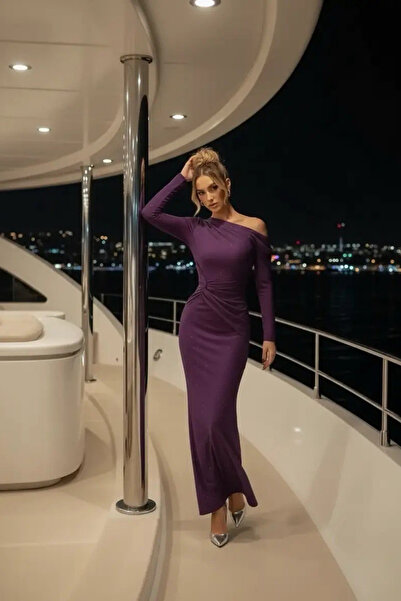 Afitapbutikmoda Tek Omuz Büzgülü Işıltılı Strech Uzun Elbise