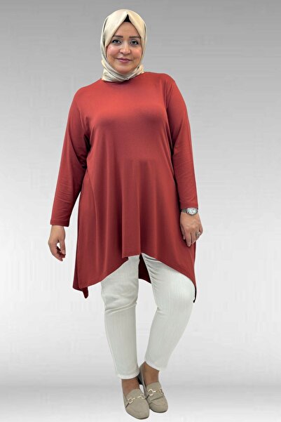 Eslina 58070 Plus Size Asymmetrical Cut Combed Cotton Tunic - Tile