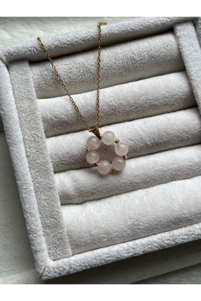 Pel Design Circle Pink Quartz Stone Steel Handcrafted Necklace