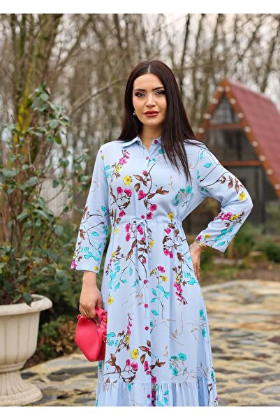 Cannes Essia Women's Waist-Tied Floral Patterned Shirt Blue Dress