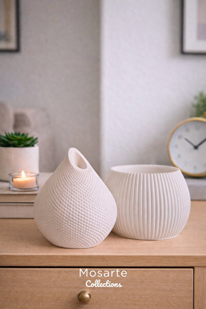 Mosarte Atelier White Series - Modern White Vase & Sculpture Set - White Color
