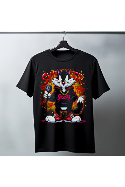 velmorafashion Sylvester Graffiti Printed Unisex Black Oversize T-Shirt - 24/...