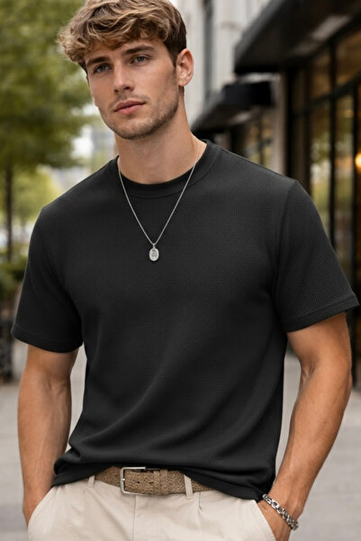 Maccali Men's Trend 100% Cotton Waffle Fabric Black T-Shirt