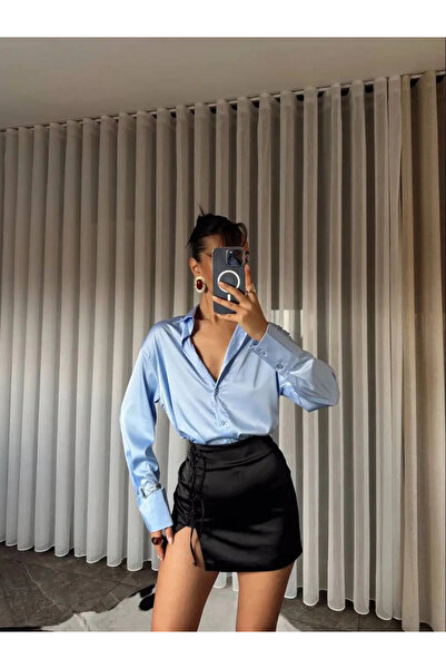 esilamoda Kadın Mavi Saten Gömlek