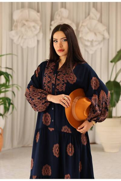 Cannes Rissa Women's Relaxed Fit Ethnic Patterned Bohemian Navy Blue Dress