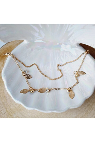 Airmag Brățară damă aurie, reglabilă, cu pandantiv frunză de mesteacăn