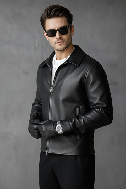 Bossago Men's Black Classic Collar Faux Leather Jacket - Slim Fit Seasonal Le...