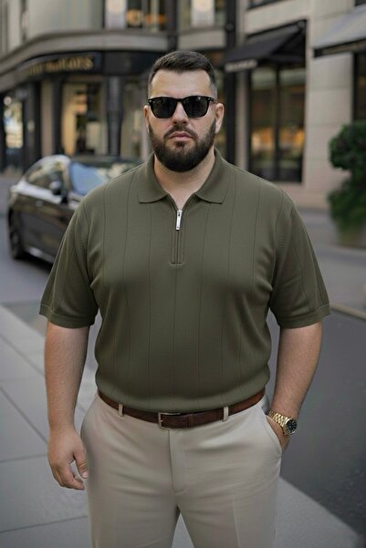 Maccali Erkek Premium Büyük Beden Haki Triko Polo Yaka Tişört