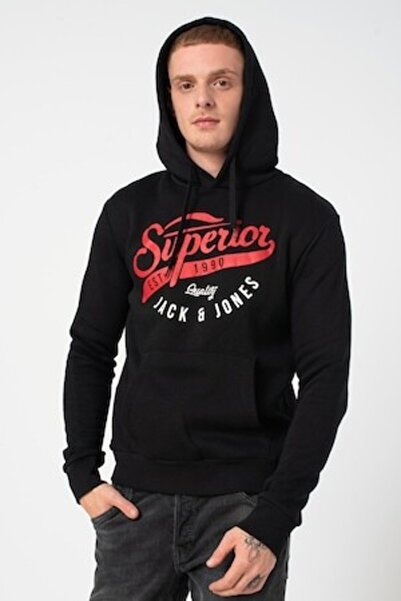 Jack & Jones Hanorac cu imprimeu, șnur de strângere și buzunar cangur, negru,...