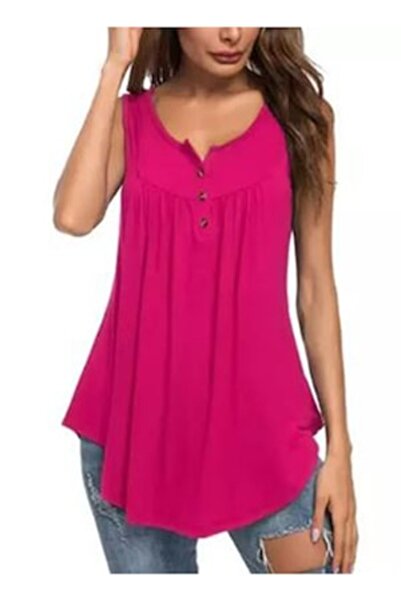 FASHION Women's Sleeveless Tunic T-Shirt with Buttons, Loose Fit, Cotton, Pink