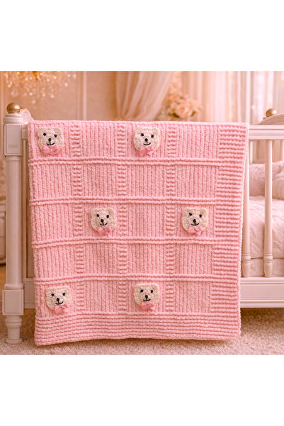 Aykır ı Bebe El Örgüsü Ekstra Yumuşak Kadife İpli Pembe Ayıcık Desenli Kız Be...