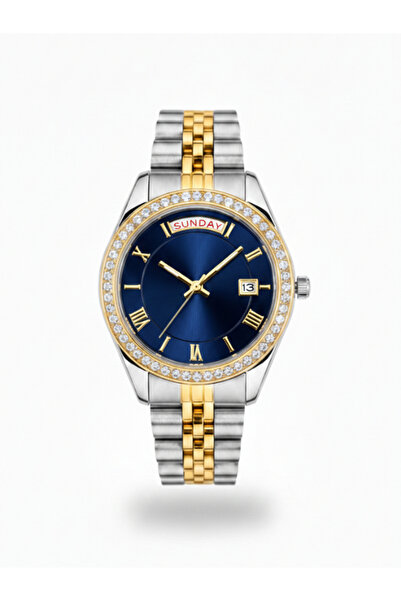 Leerybee ساعة يد كلاسيكية للسيدات بسوار فولاذي وإطار حجري مع عرض اليوم والتاريخ