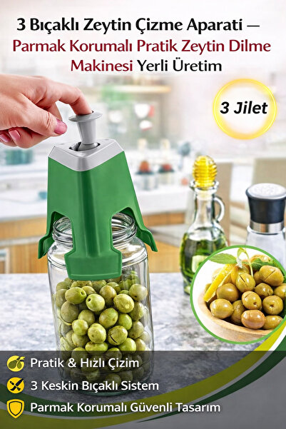 Hane Dostu 3 Bıçaklı Zeytin Çizme Aparatı – Parmak Korumalı Pratik Zeytin Dil...
