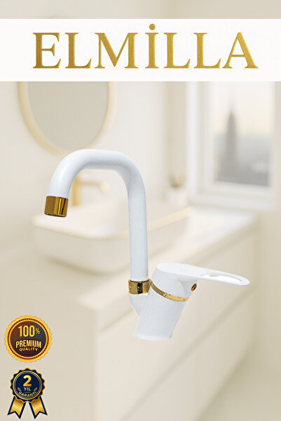 elmilla Beyaz Gold Banyo Lavabo Musluğu Bataryası Çeşmesi Köşe Borulu Lüx Tas...