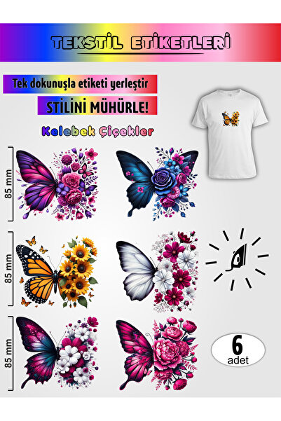 AGG Reklam Ütü ile Yapışan Kıyafet Etiketi Kelebek Çiçekler 6Lı Set