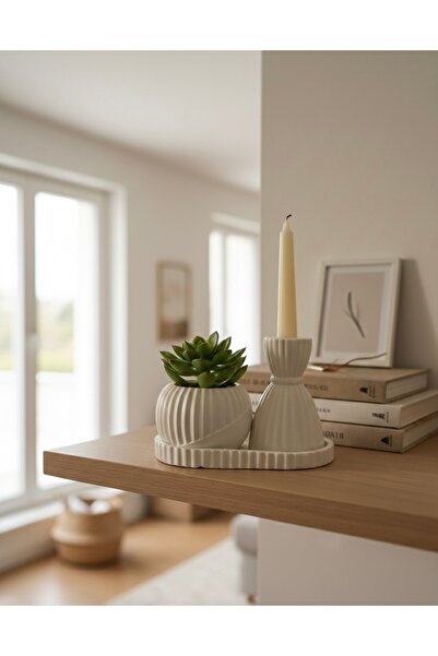 Silver Modern White Object Set - Home Gift Decorative Flower Pot & Candle Holder