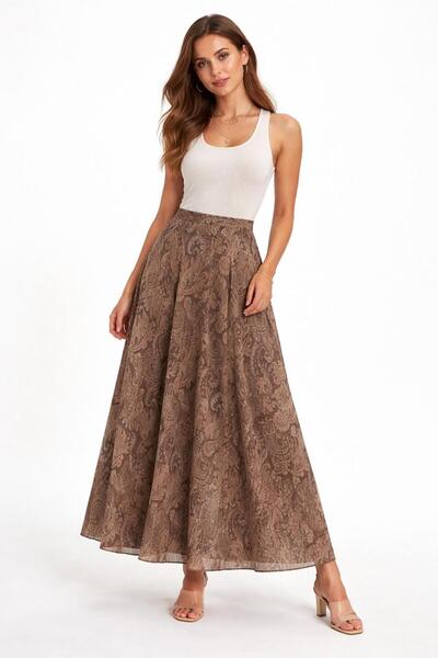 Avakado Etnik Desenli Şifon Etek