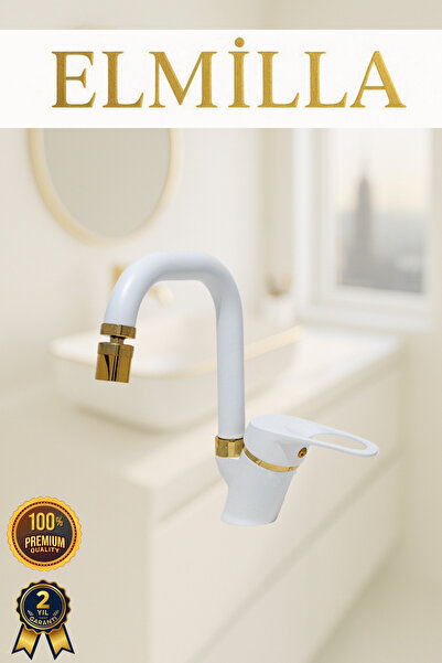 elmilla Beyaz Gold Banyo Lavabo Musluğu Bataryası Köşe Borulu Lüx Tasarım Çif...
